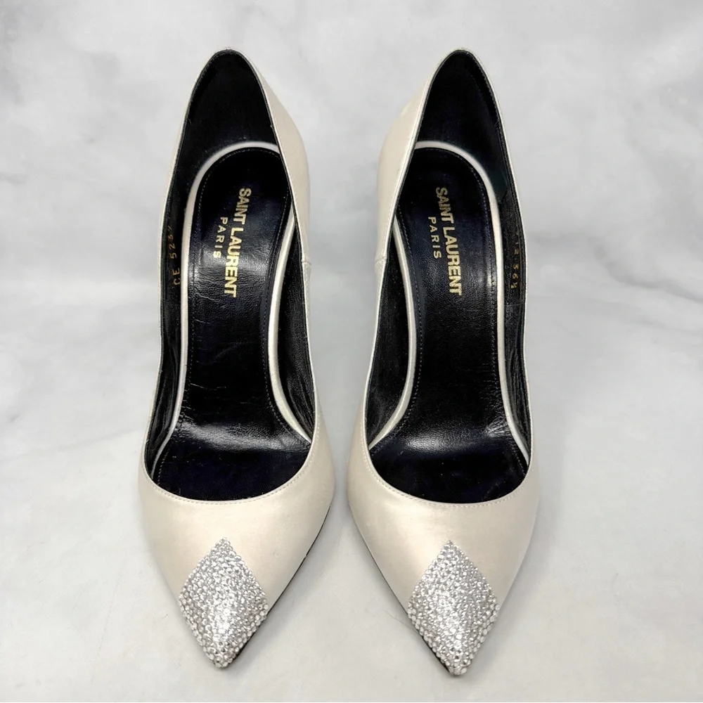 Saint Laurent Tower 110 Strass Embellished Silk Satin Pointed Toe Pump Heel 36.5
